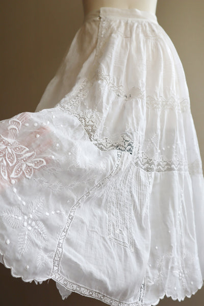 1900s Hand Sewn Embroidered Flower Muslin Cotton Skirt