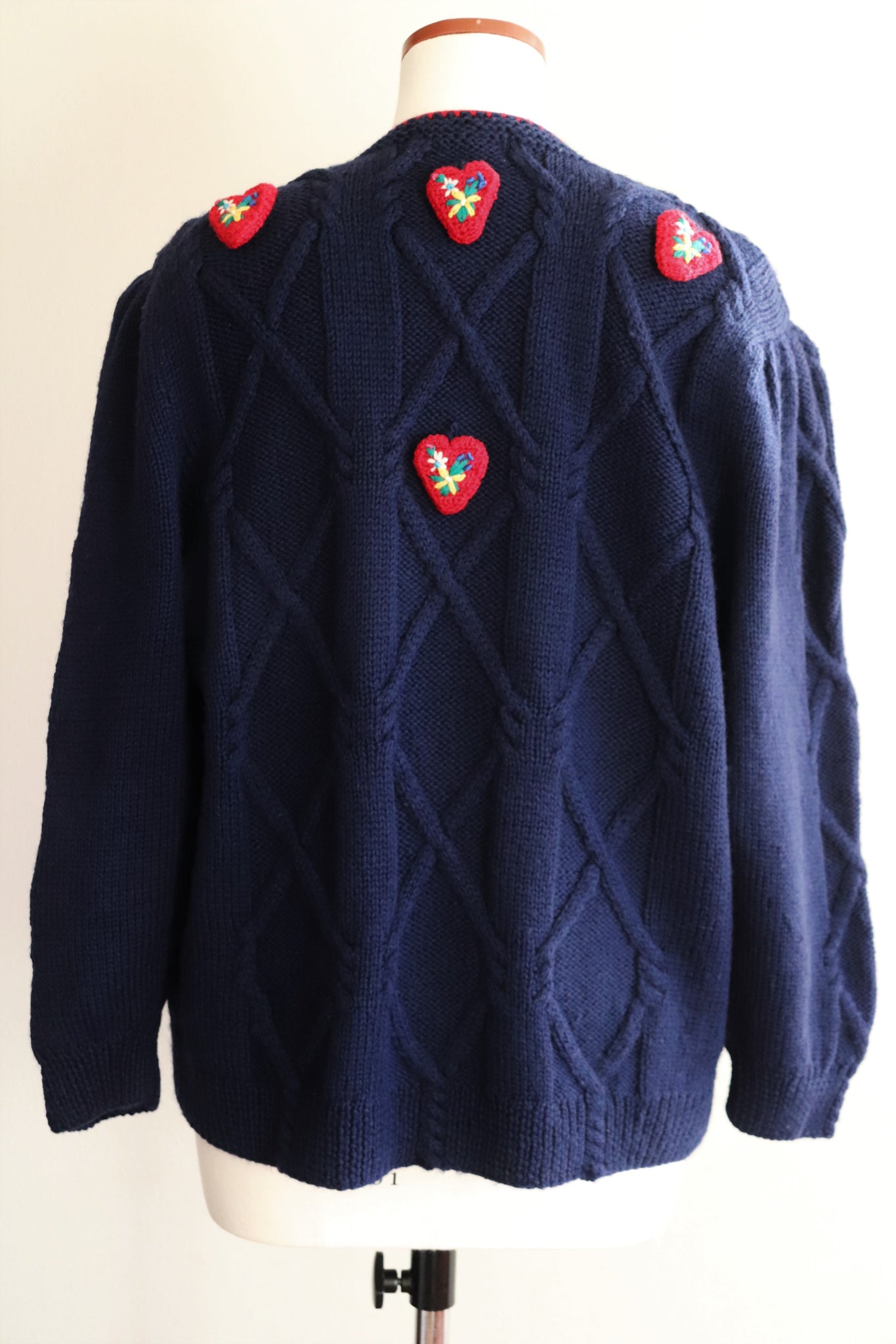 Austrian Hand Knit Navy Cardigan Heart Appliqué Flower Embroidered