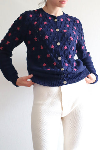 80s Hand Knit Navy Wool Pink Flower Embroidery Austrian Cardigan