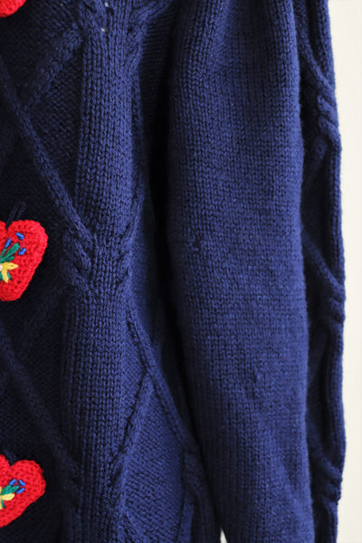 Austrian Hand Knit Navy Cardigan Heart Appliqué Flower Embroidered