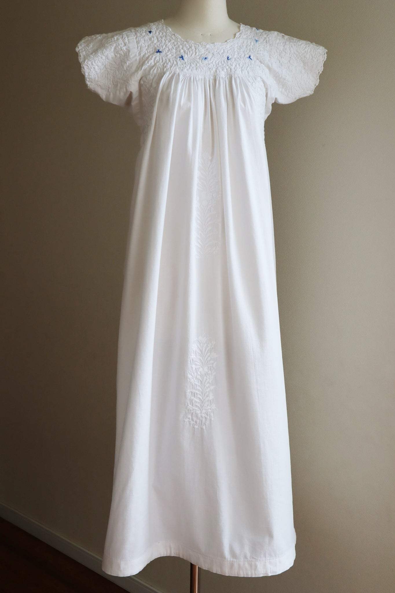 70s Blue Embroidered White Maxi Mexican Dress