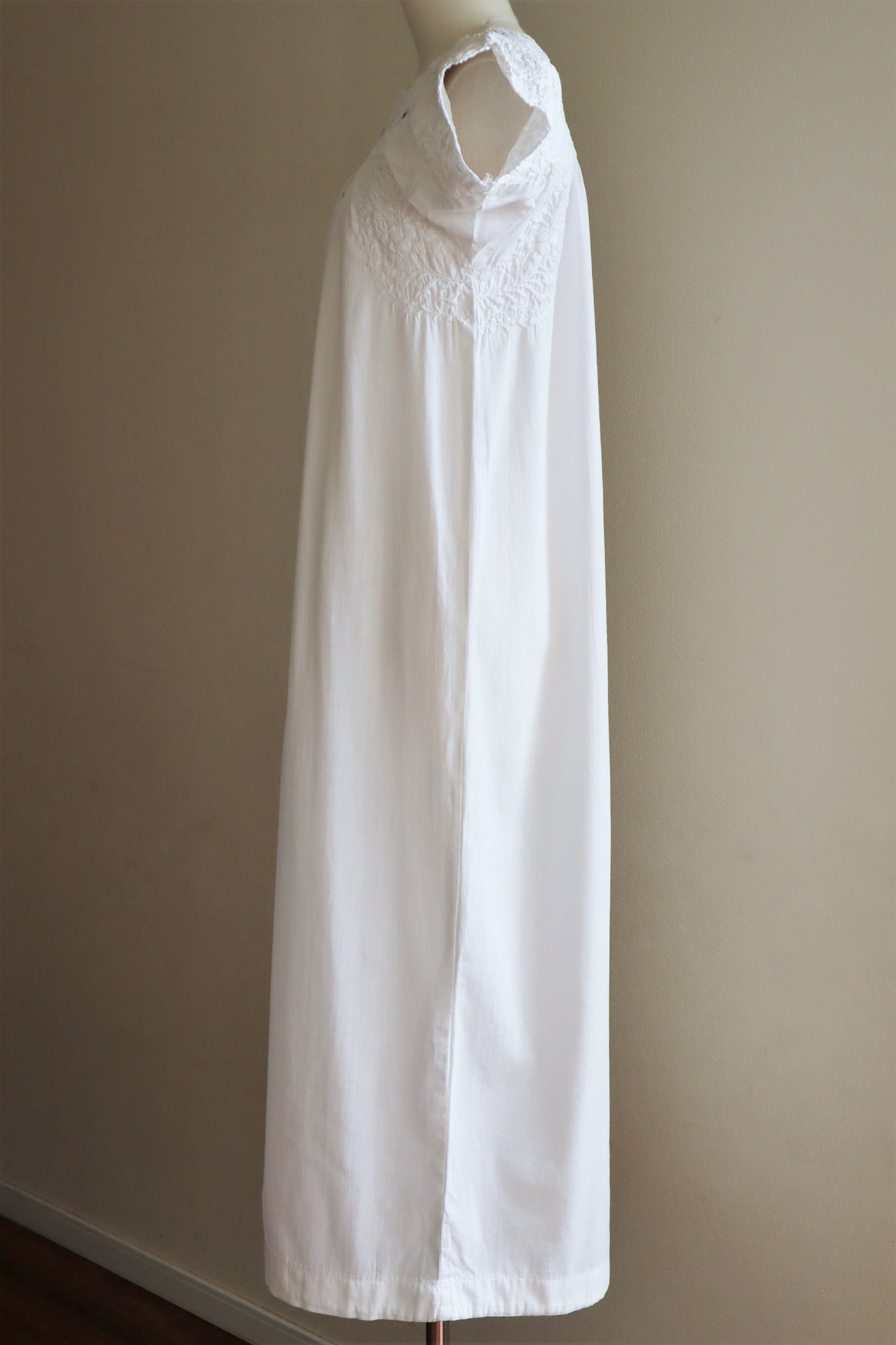 70s Blue Embroidered White Maxi Mexican Dress