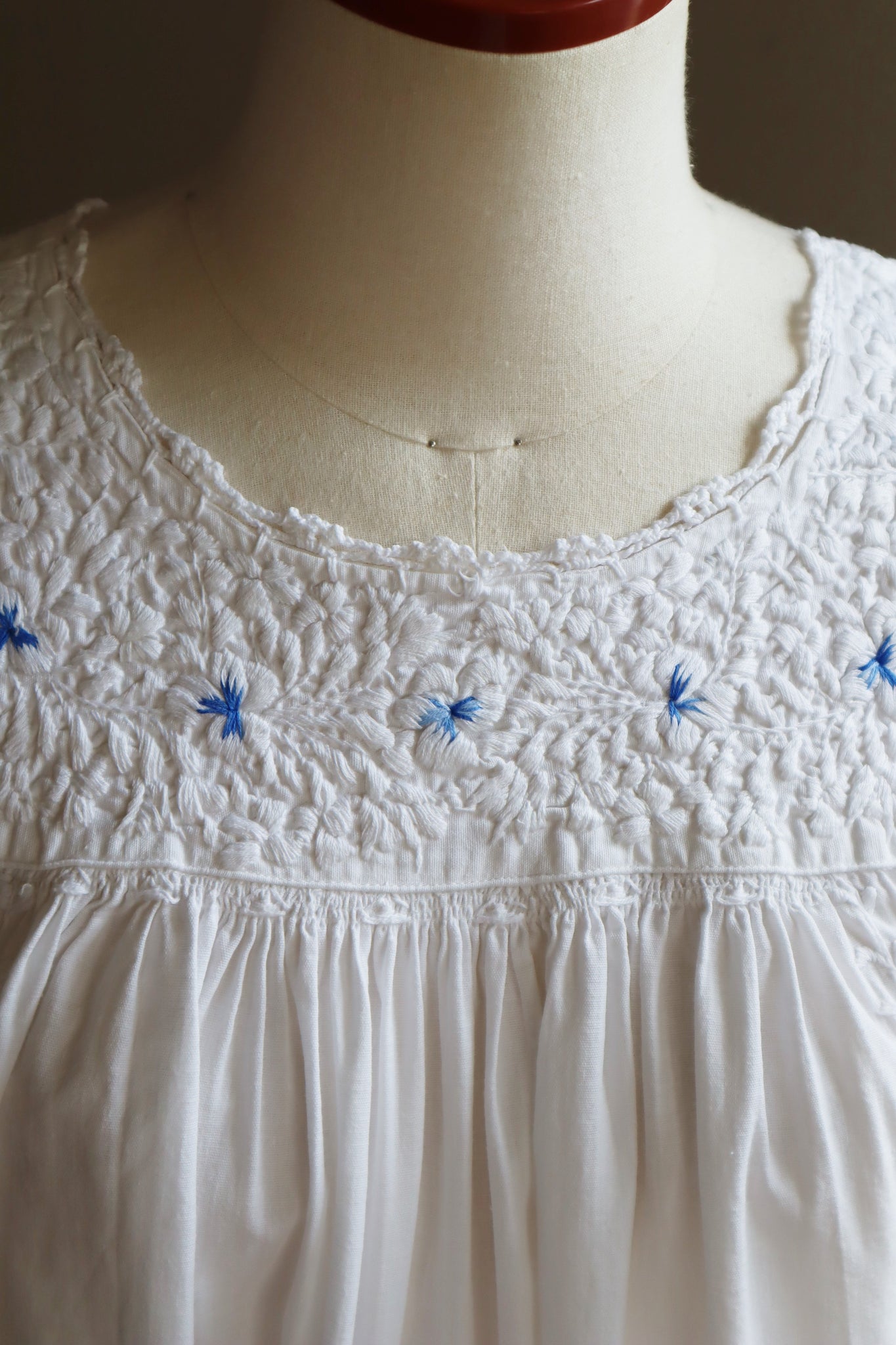 70s Blue Embroidered White Maxi Mexican Dress