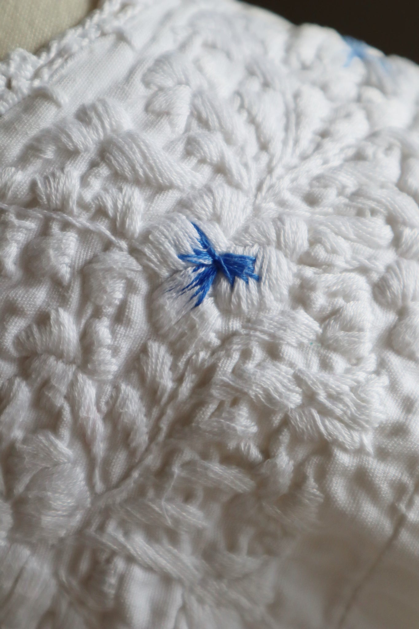 70s Blue Embroidered White Maxi Mexican Dress