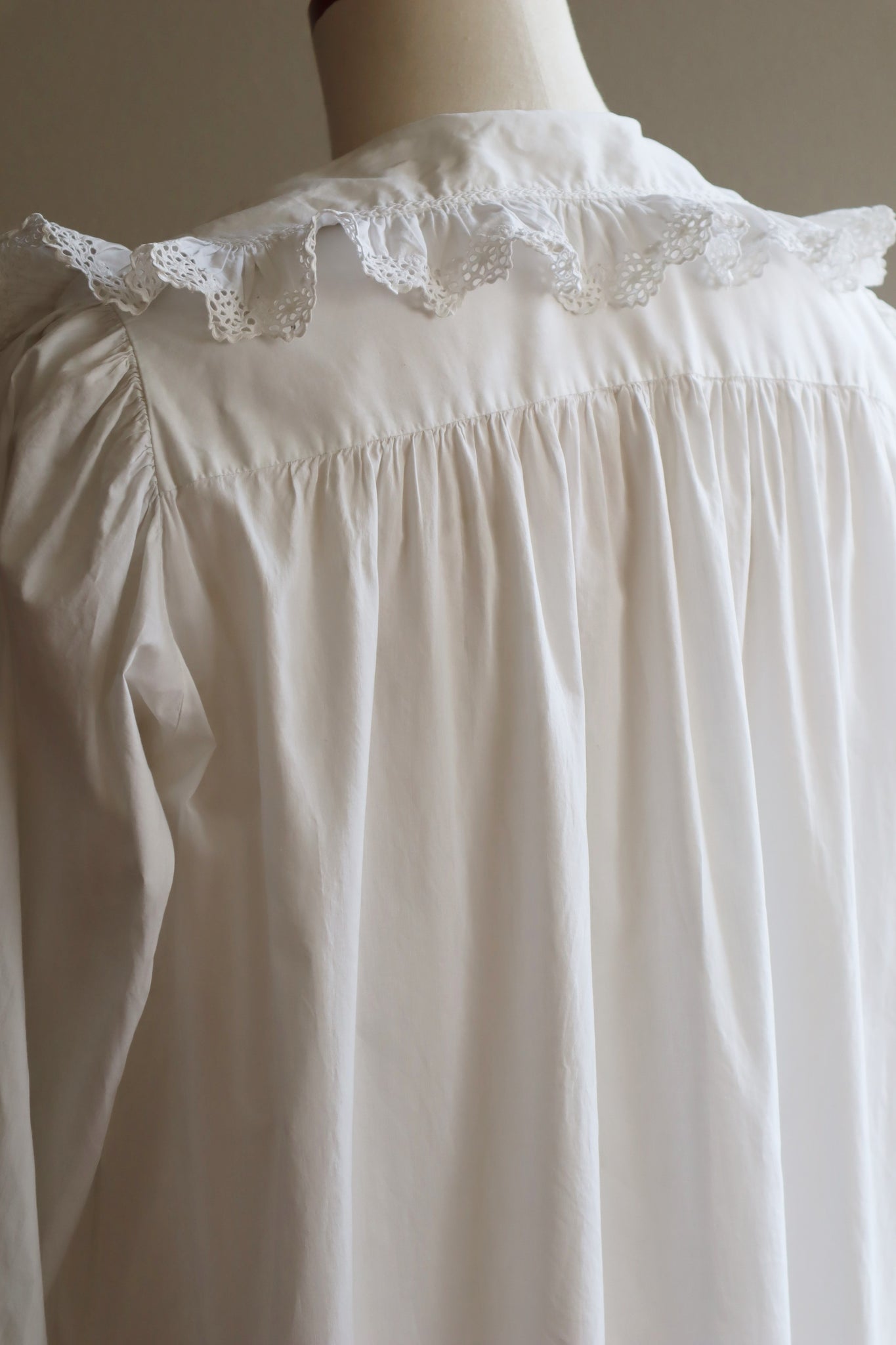 1910s Antique Cutwork Lace Collar Long White Cotton Dress