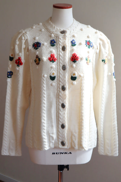 80s~90s Holland Flower Embroidered Wool Knit Cardigan