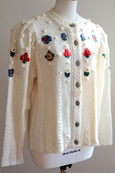 80s~90s Holland Flower Embroidered Wool Knit Cardigan