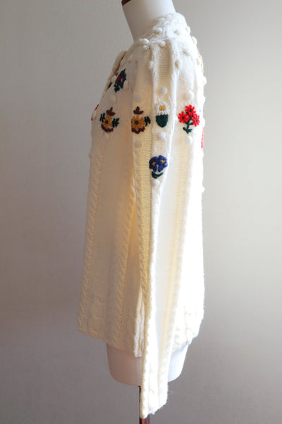 80s~90s Holland Flower Embroidered Wool Knit Cardigan