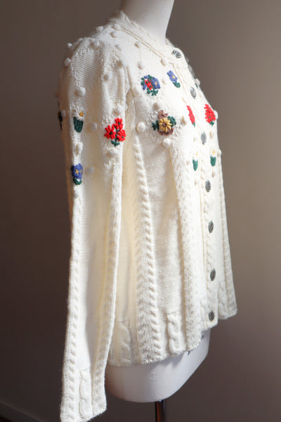 80s~90s Holland Flower Embroidered Wool Knit Cardigan