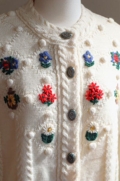 80s~90s Holland Flower Embroidered Wool Knit Cardigan