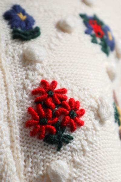 80s~90s Holland Flower Embroidered Wool Knit Cardigan