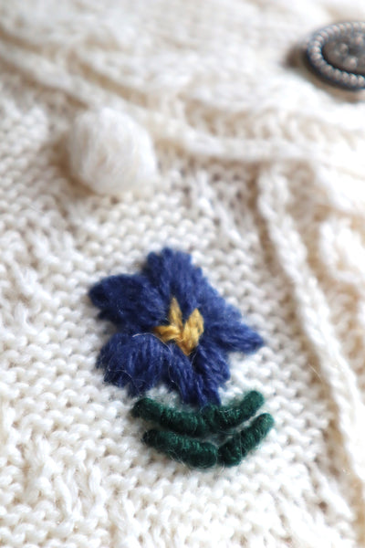 80s~90s Holland Flower Embroidered Wool Knit Cardigan