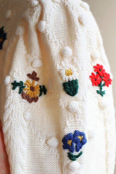 80s~90s Holland Flower Embroidered Wool Knit Cardigan