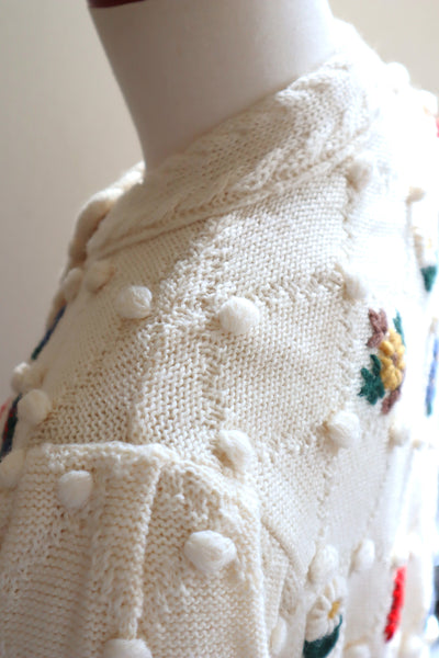 80s~90s Holland Flower Embroidered Wool Knit Cardigan