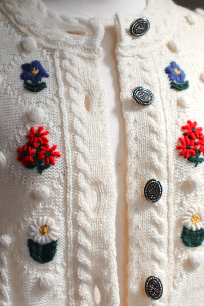 80s~90s Holland Flower Embroidered Wool Knit Cardigan
