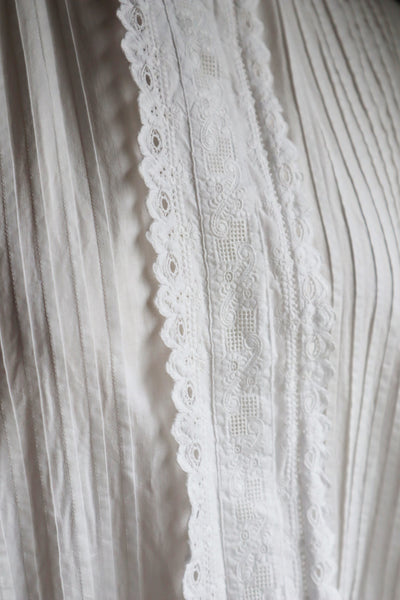 1900s Hand Embroidery Beautiful Tuck Design White Cotton Long Dress Size S