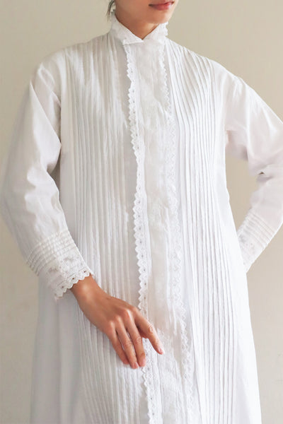 1900s Hand Embroidery Beautiful Tuck Design White Cotton Long Dress Size S