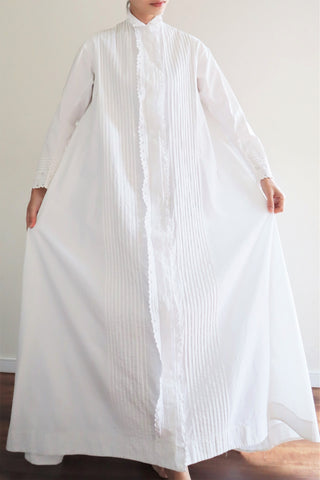 1900s Hand Embroidery Beautiful Tuck Design White Cotton Long Dress Size S