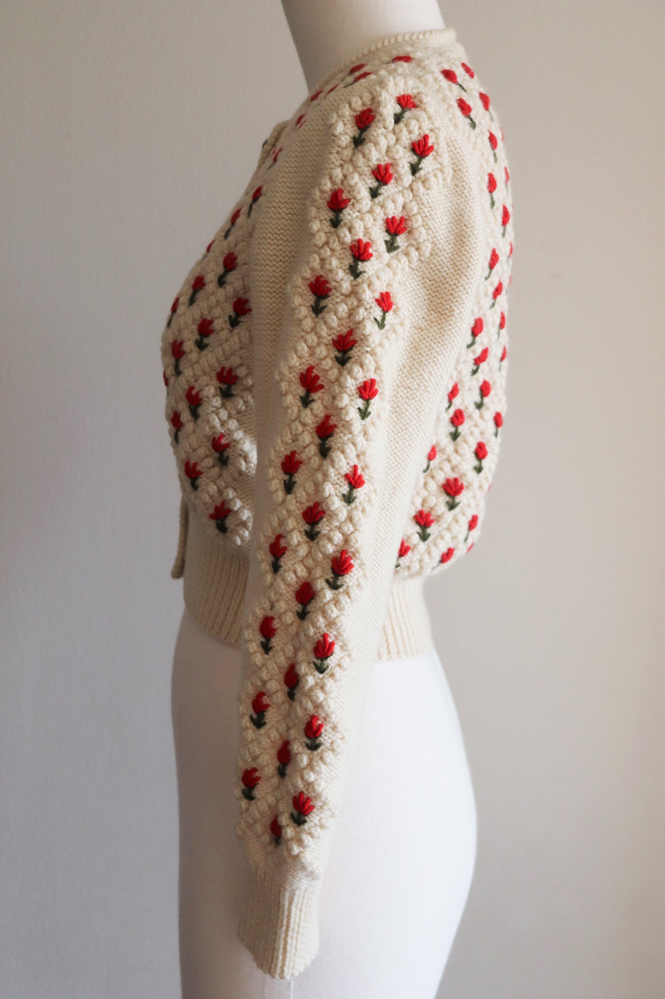Austrian Hand Knit Cardigan Red Flower Embroidered Size S