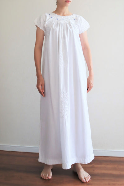 70s Blue Embroidered White Maxi Mexican Dress