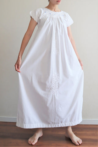 70s Blue Embroidered White Maxi Mexican Dress