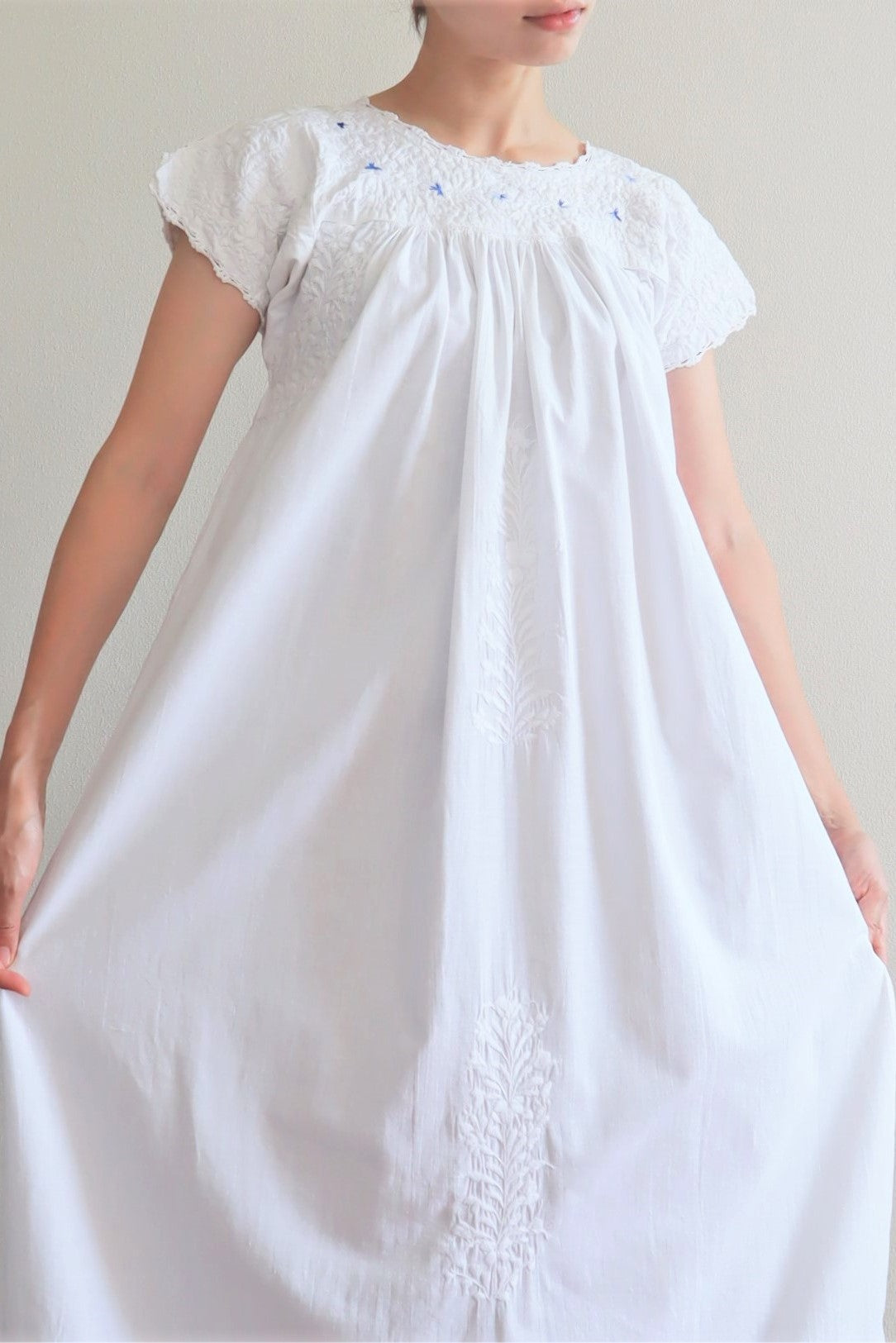 70s Blue Embroidered White Maxi Mexican Dress