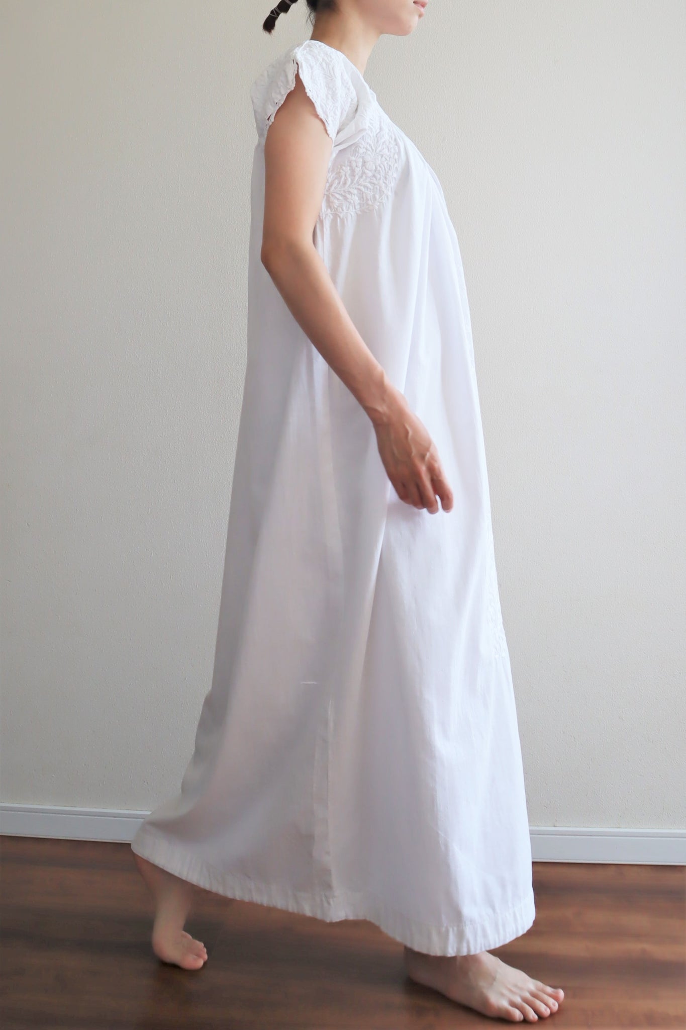 70s Blue Embroidered White Maxi Mexican Dress