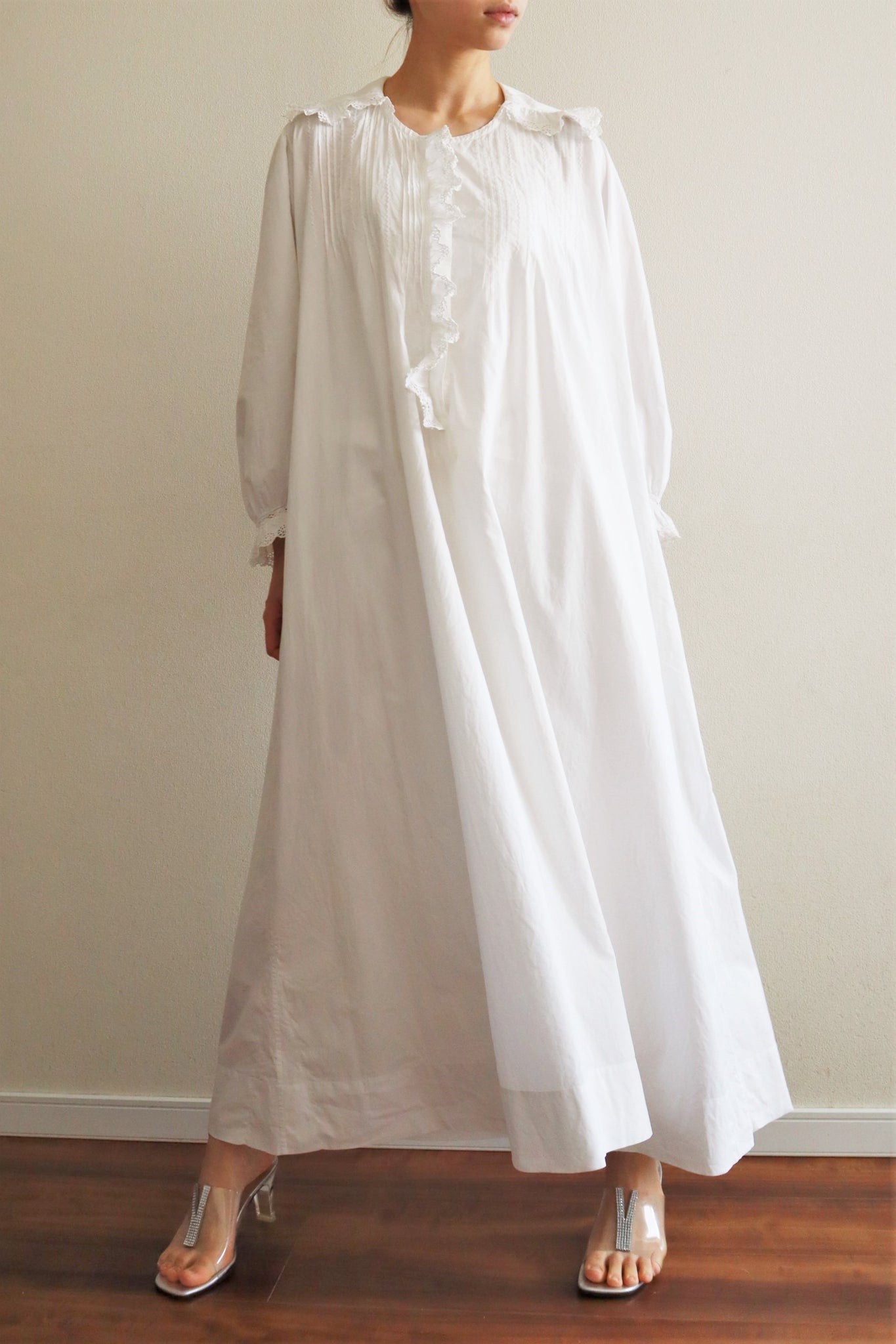 1910s Antique Cutwork Lace Collar Long White Cotton Dress
