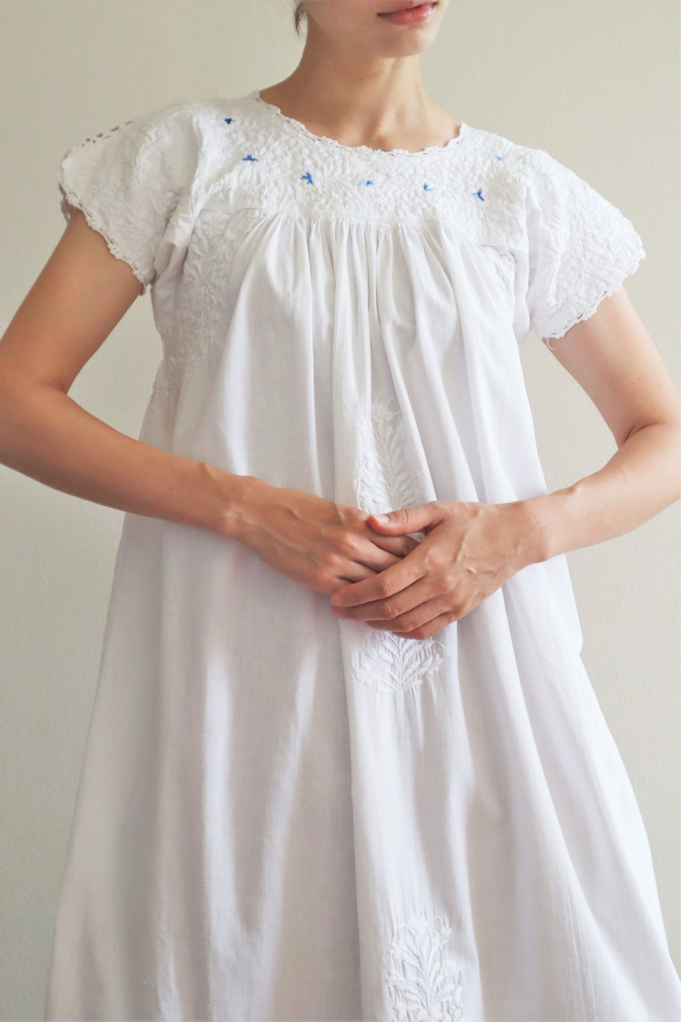 70s Blue Embroidered White Maxi Mexican Dress