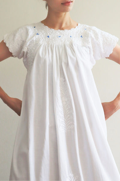 70s Blue Embroidered White Maxi Mexican Dress