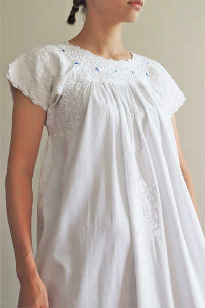 70s Blue Embroidered White Maxi Mexican Dress