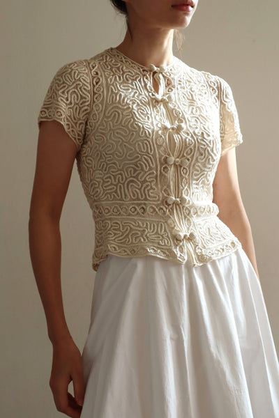 1930s Hand Stitched Silk Tape Lace Blouse