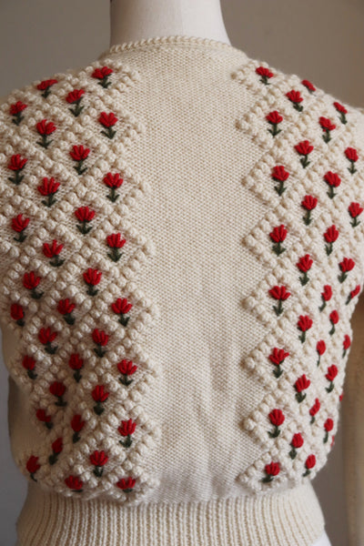 Austrian Hand Knit Cardigan Red Flower Embroidered Size S