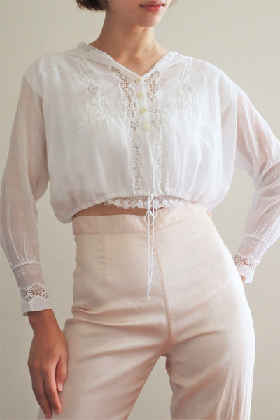 1910s White Embroidered Muslin Cotton Blouse