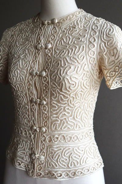 1930s Hand Stitched Silk Tape Lace Blouse