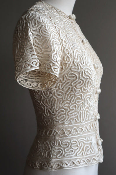 1930s Hand Stitched Silk Tape Lace Blouse