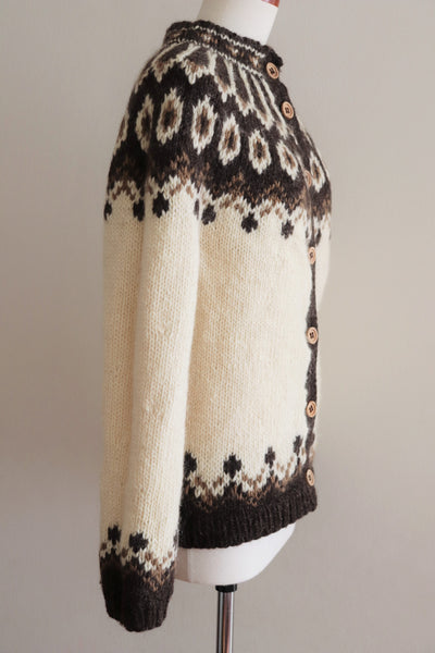 70s Hand-Knit Nordic Pattern Chunky Wool Cardigan