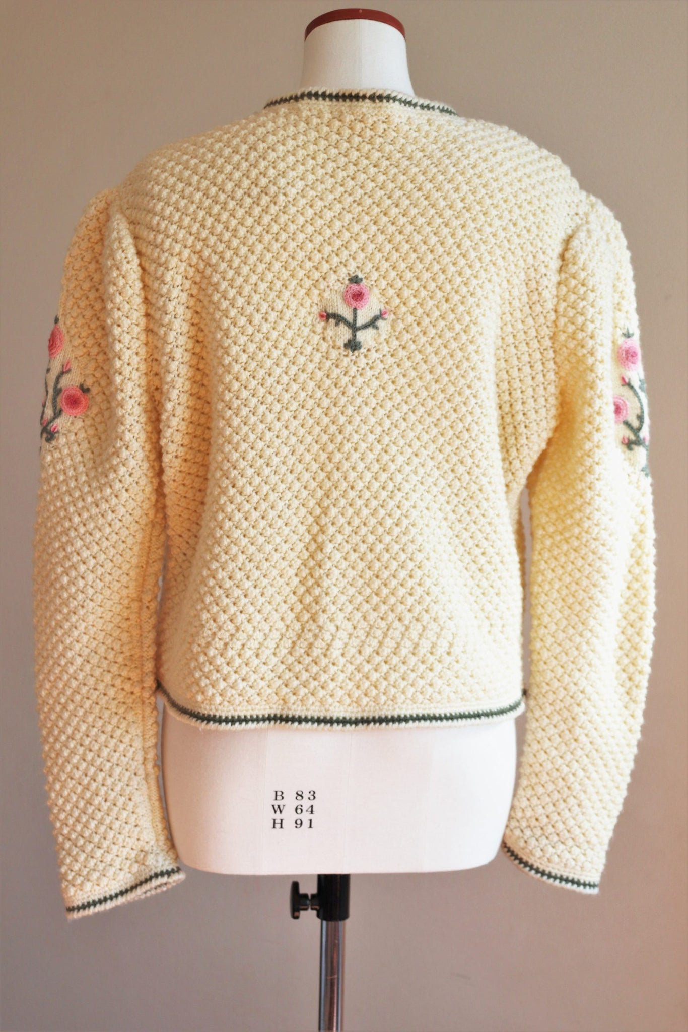 Austrian Cream Wool Hand-Knit Cardigan Pink Flower Embroidery