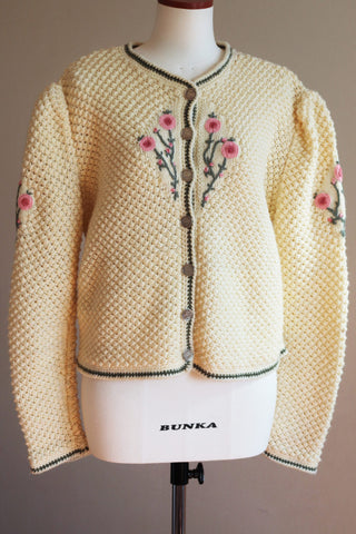 Austrian Cream Wool Hand-Knit Cardigan Pink Flower Embroidery