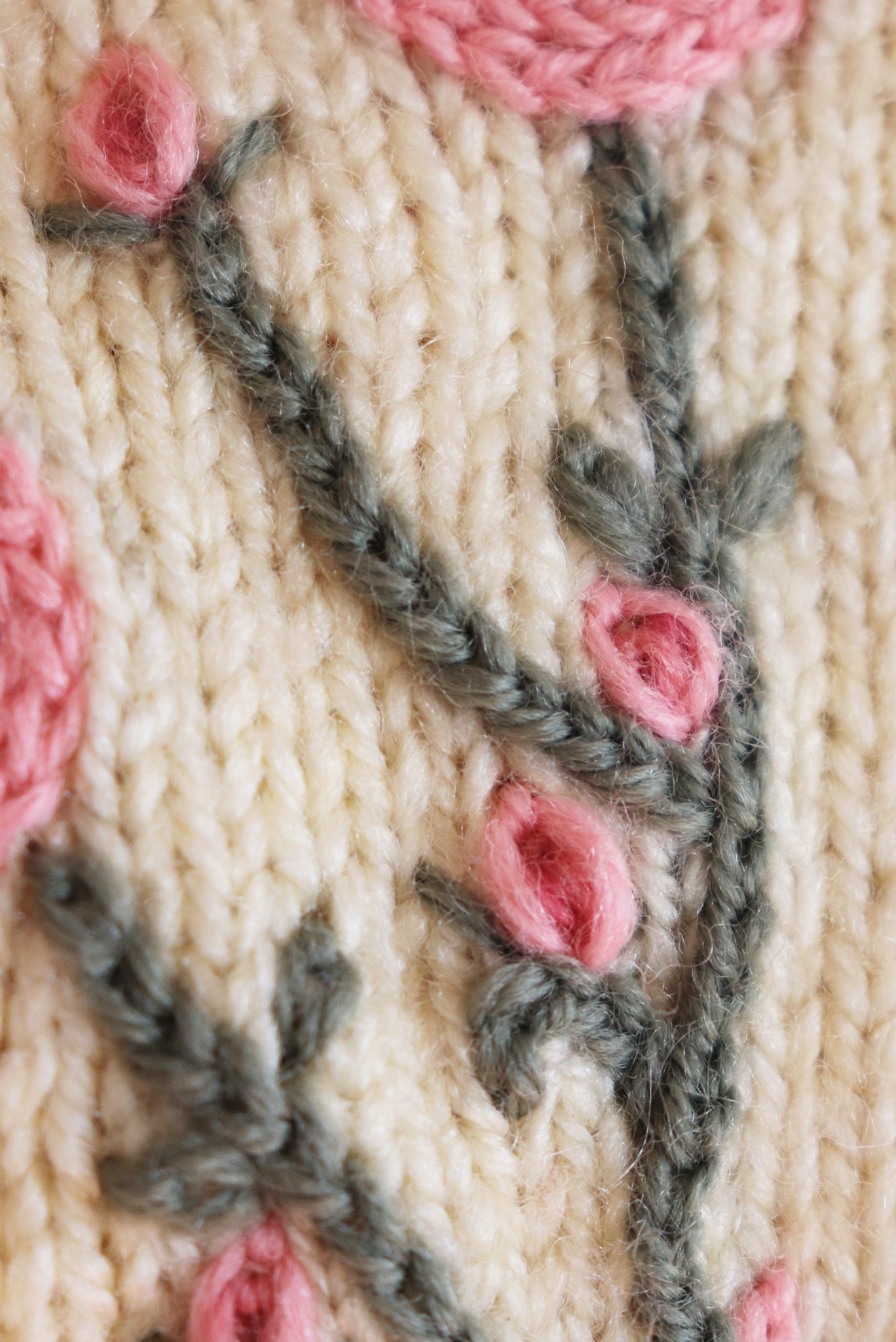Austrian Cream Wool Hand-Knit Cardigan Pink Flower Embroidery