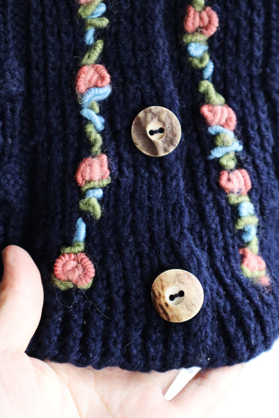 80s Boxy Line Hand Knit Navy Wool Austrian Cardigan