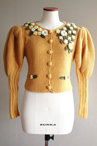 80s Hand Knit Mustard Yellow Wool Austrian Cardigan