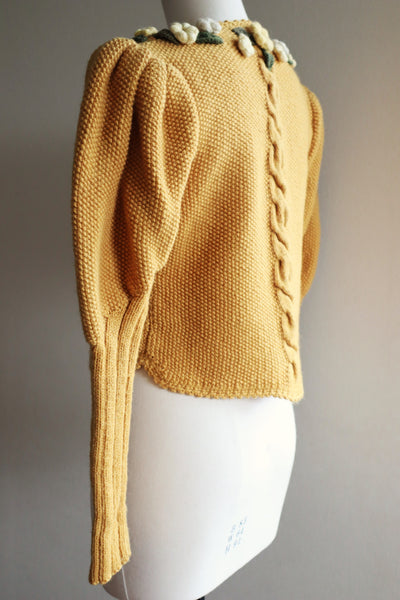 80s Hand Knit Mustard Yellow Wool Austrian Cardigan