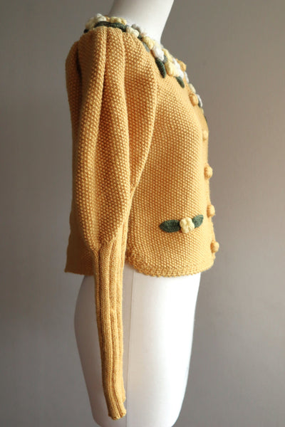 80s Hand Knit Mustard Yellow Wool Austrian Cardigan