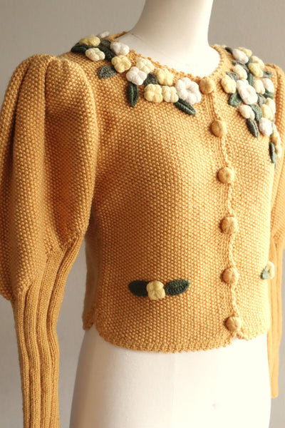 80s Hand Knit Mustard Yellow Wool Austrian Cardigan