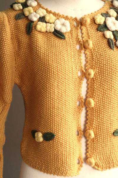 80s Hand Knit Mustard Yellow Wool Austrian Cardigan