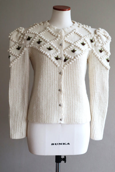80s Hand Knit Off White Wool Puff Sleeve Austrian Cardigan