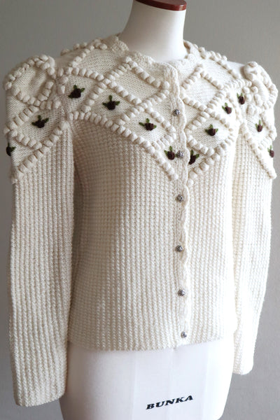 80s Hand Knit Off White Wool Puff Sleeve Austrian Cardigan