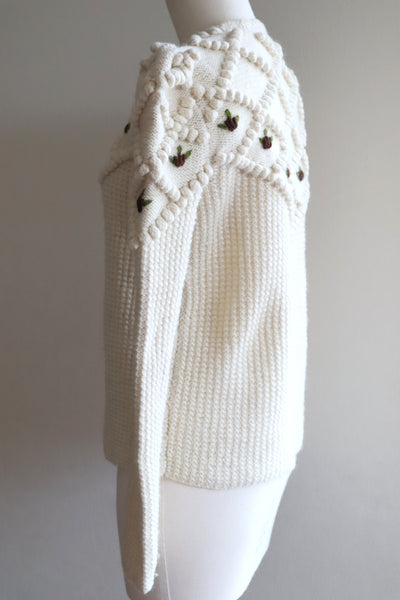 80s Hand Knit Off White Wool Puff Sleeve Austrian Cardigan
