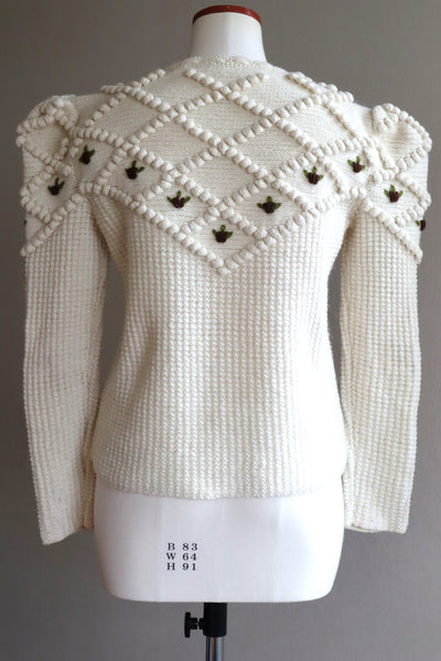 80s Hand Knit Off White Wool Puff Sleeve Austrian Cardigan